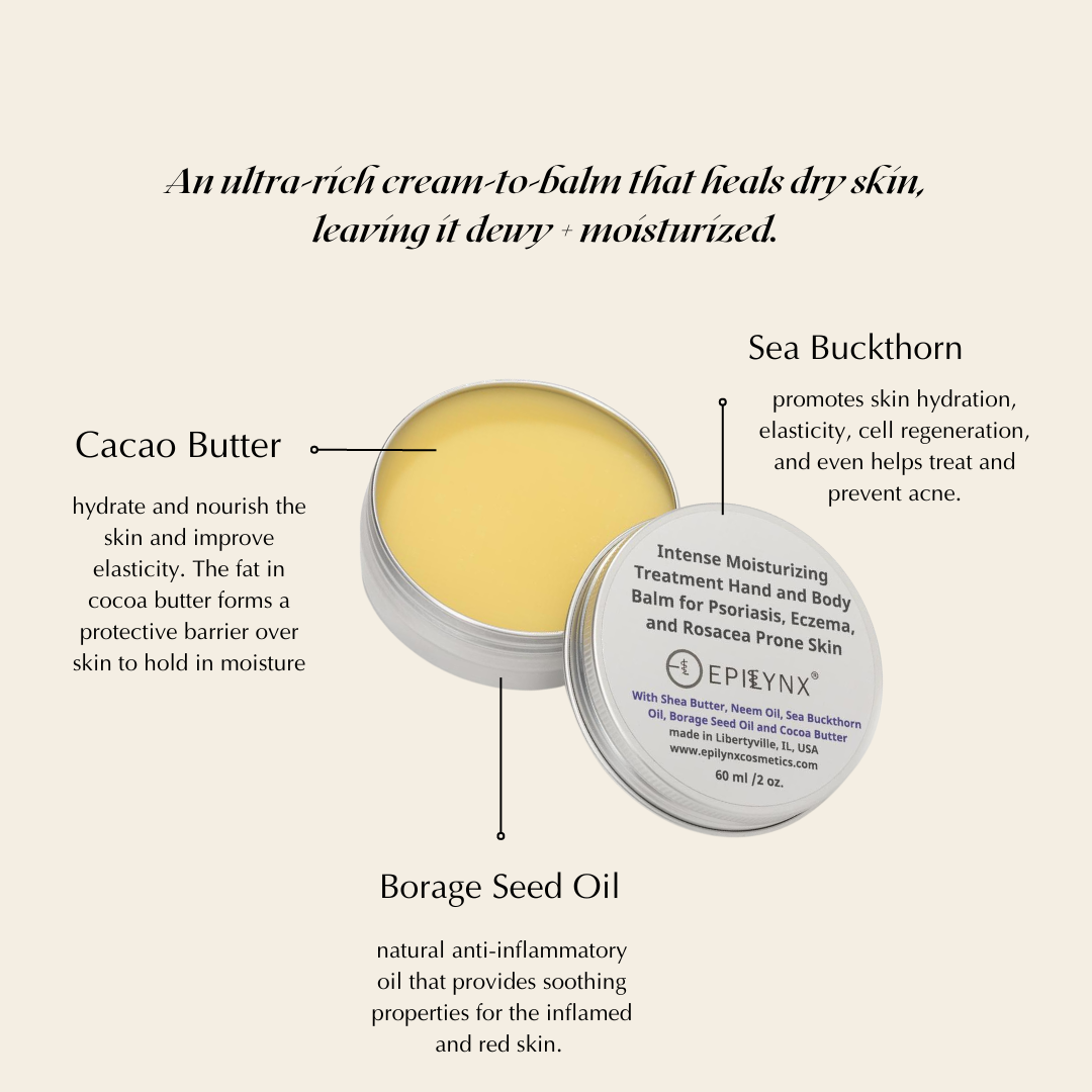 Balm tin with ingredient callouts for sea buckthorn, cacao butter, and borage oil