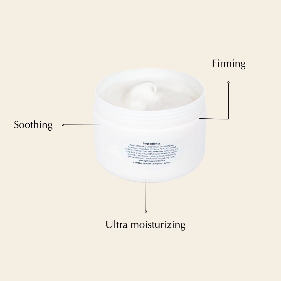 White body cream jar with benefit arrows for soothing, firming, ultra moisturizing
