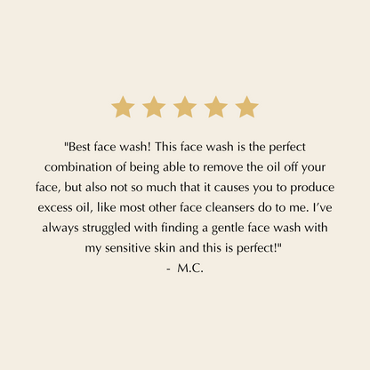 Facial cleanser customer review card with star rating and testimonial text