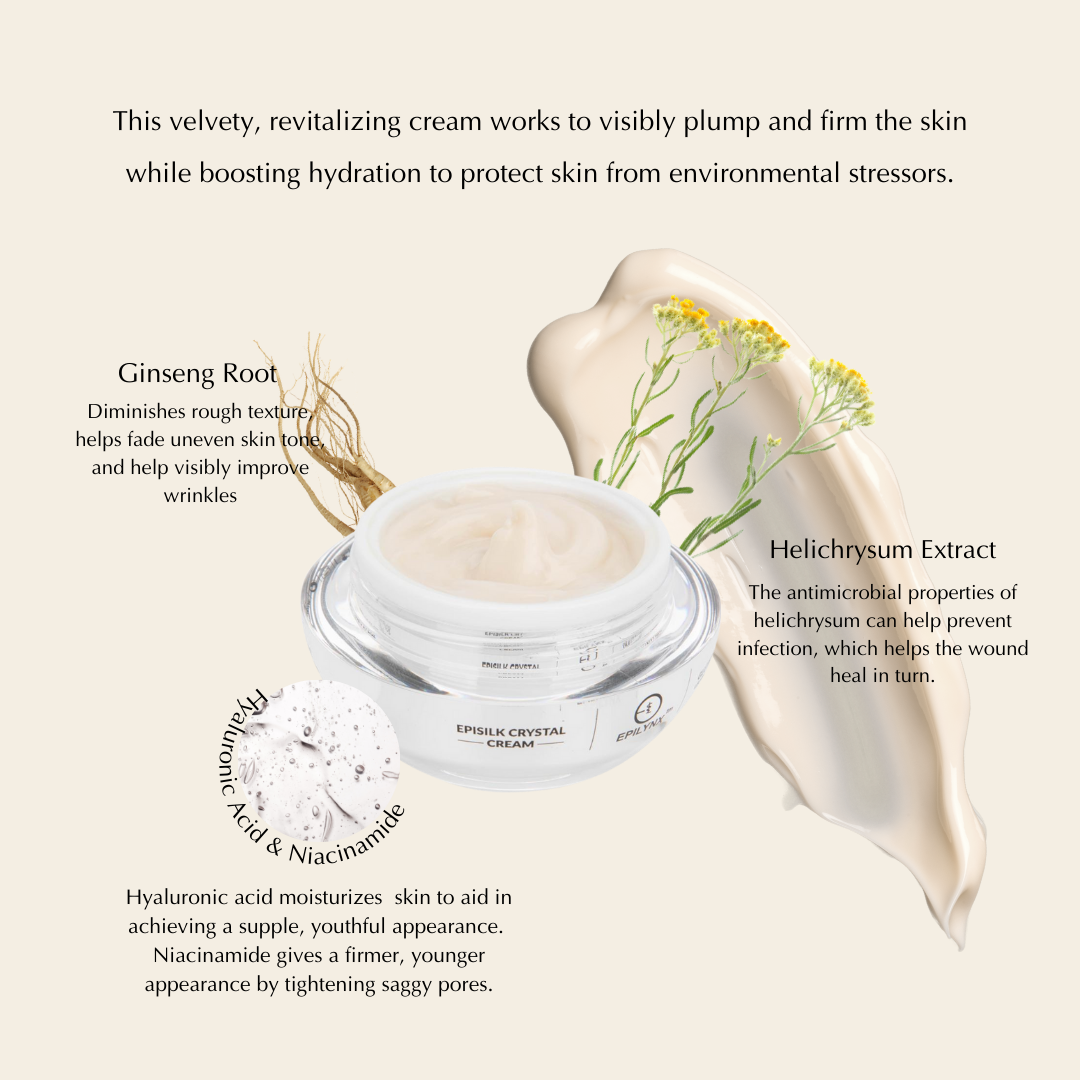 Open face cream jar with pale cream, plus botanical ginseng and helichrysum illustrations