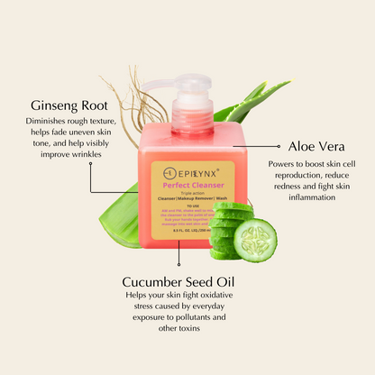 Hydrating facial cleanser with pump; pink-orange bottle beside aloe and cucumber details