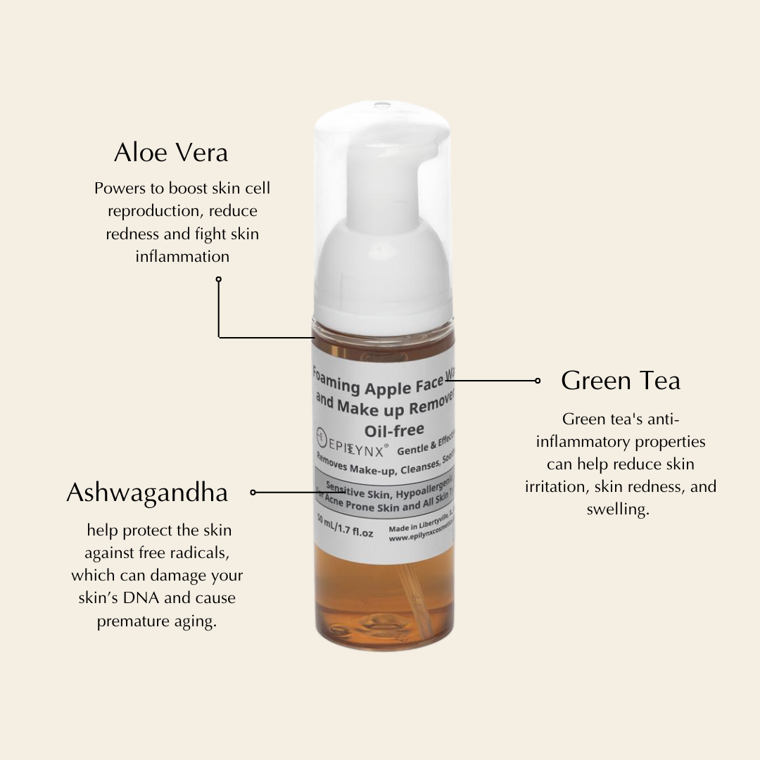 Facial cleanser pump bottle with white top and amber liquid inside