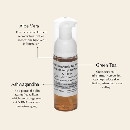 Facial cleanser pump bottle with white top and amber liquid inside