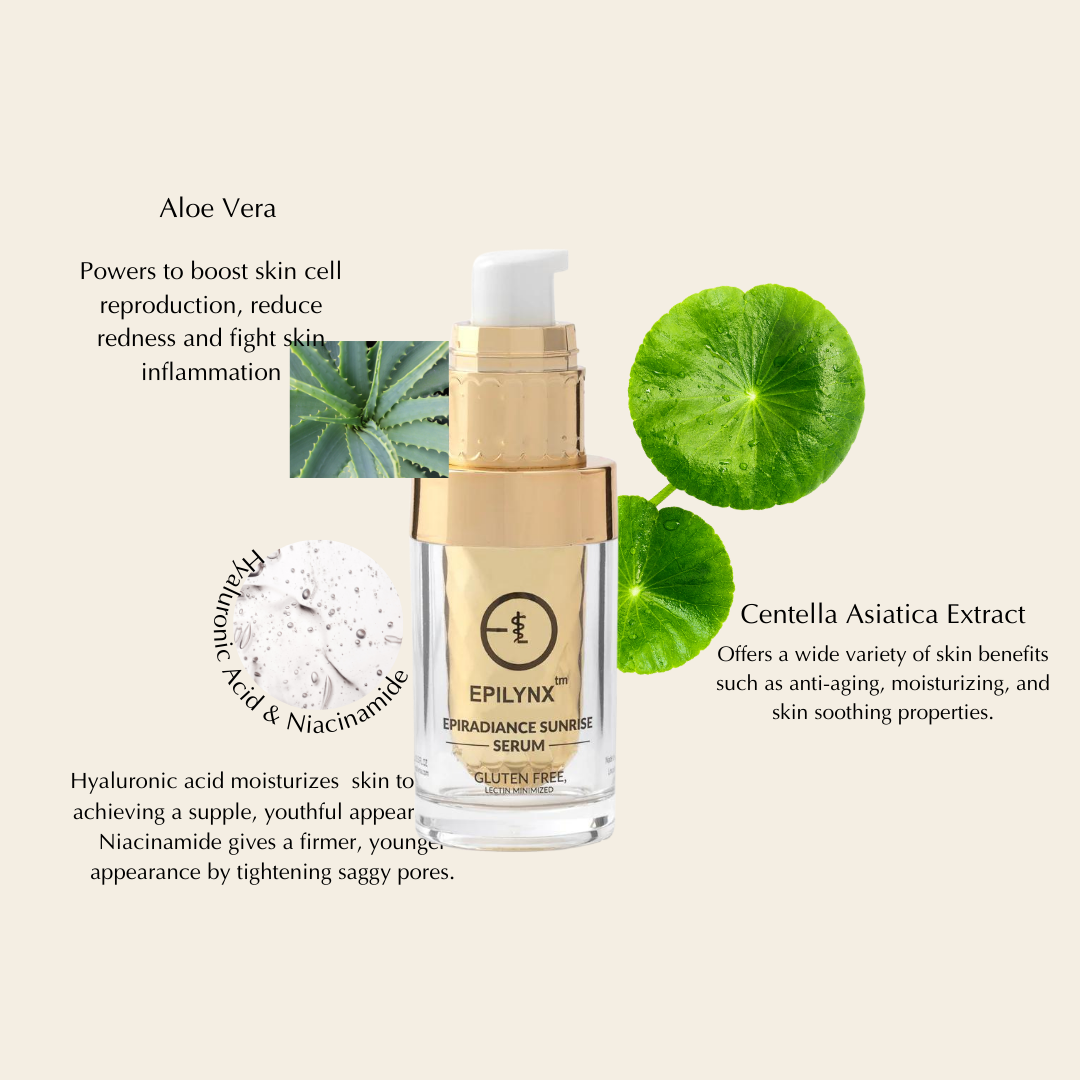 Serum bottle with gold pump and clear glass, with aloe and centella illustrations