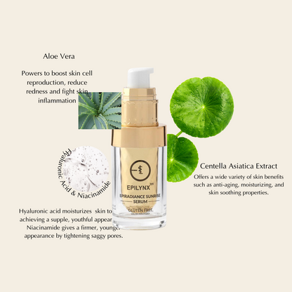 Serum bottle with gold pump and clear glass, with aloe and centella illustrations