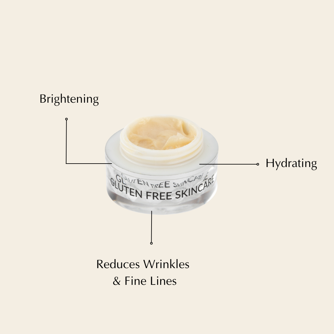 Eye cream jar with cream and labeled benefit arrows on a diagram layout