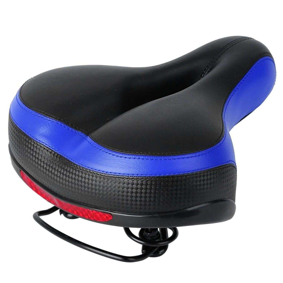 Black padded bicycle saddle with blue side trim and textured base