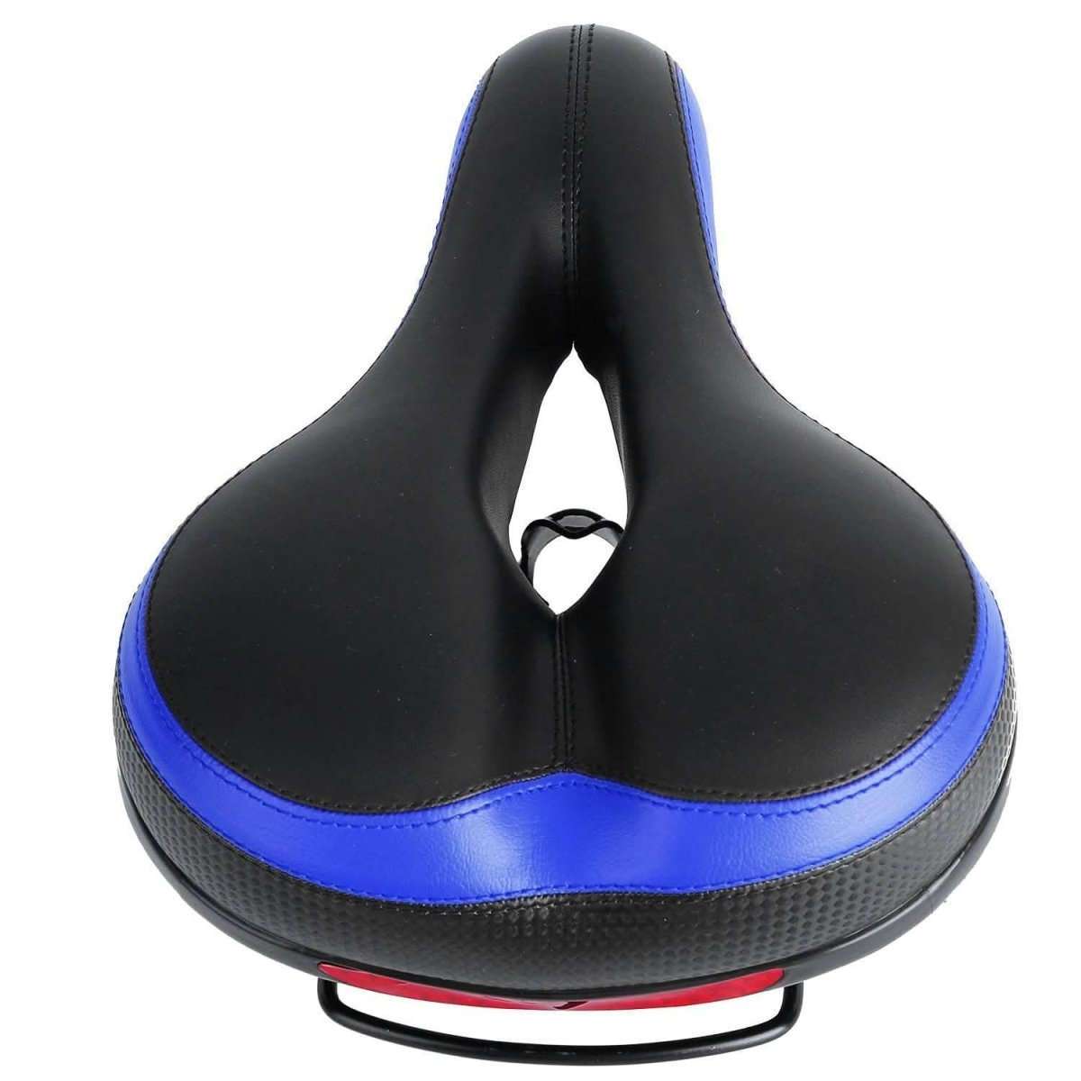 Black saddle with blue edge band, contoured padded top and central cutout, spring mount