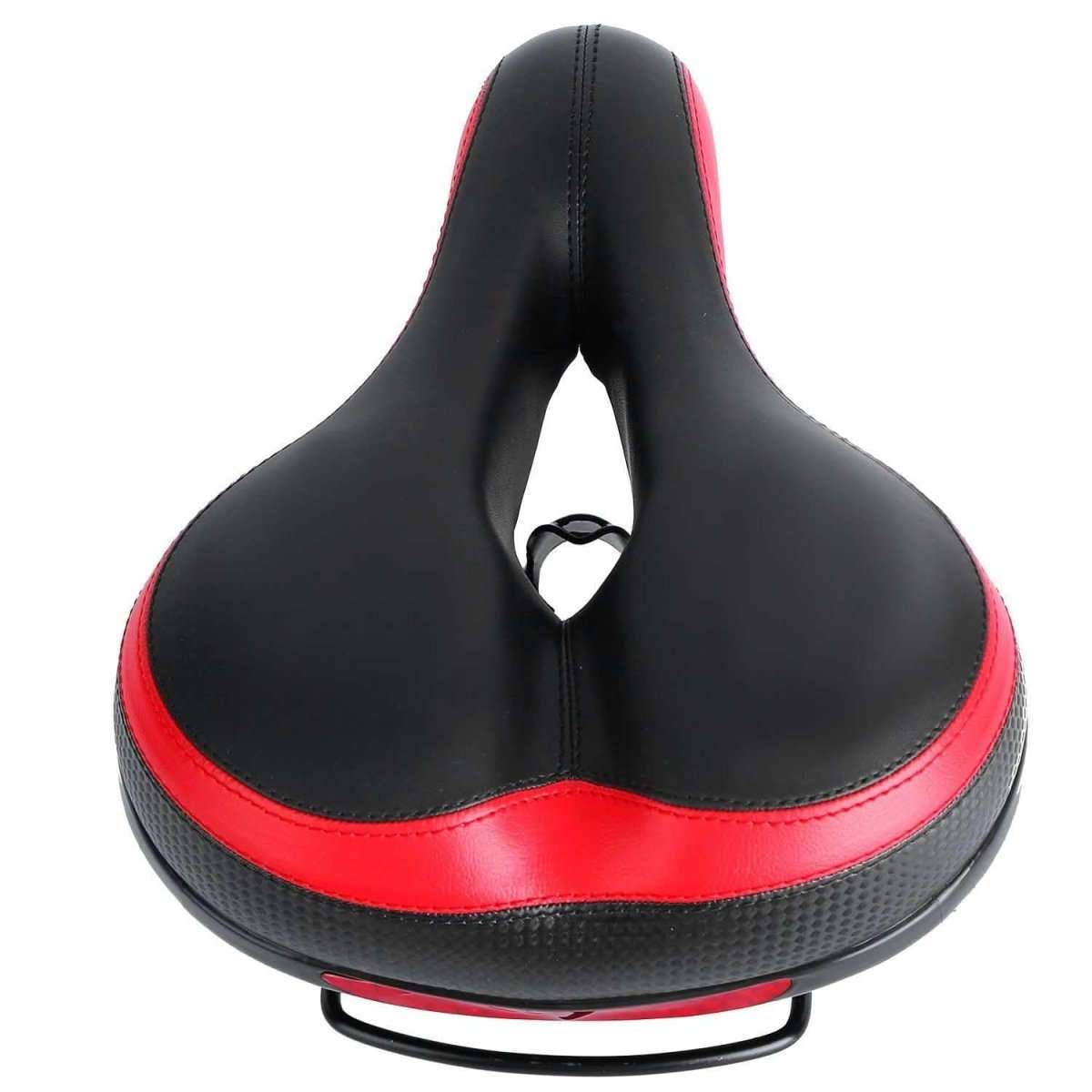 Black saddle with red edge band, contoured padded top and central cutout, spring mount