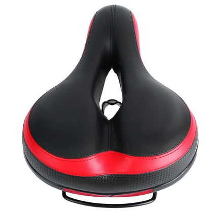 Black saddle with red edge band, contoured padded top and central cutout, spring mount