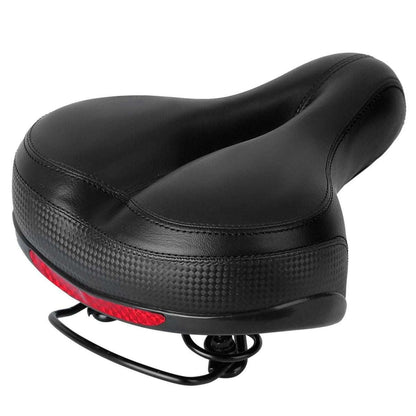 Black padded bicycle saddle with red side trim and textured base