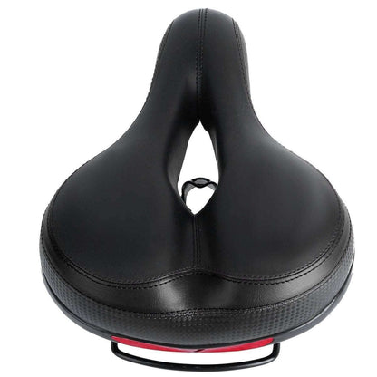 Black bike saddle with red accent band, contoured padded top, central hollow channel