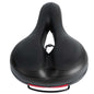 Black bike saddle with red accent band, contoured padded top, central hollow channel