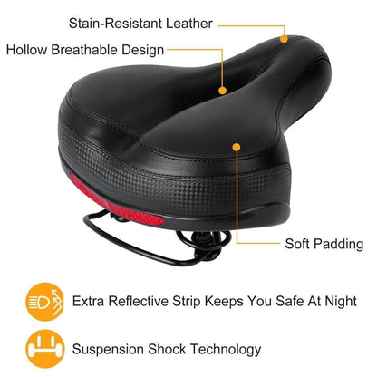 Black padded bicycle saddle with textured side panel and red reflective stripe