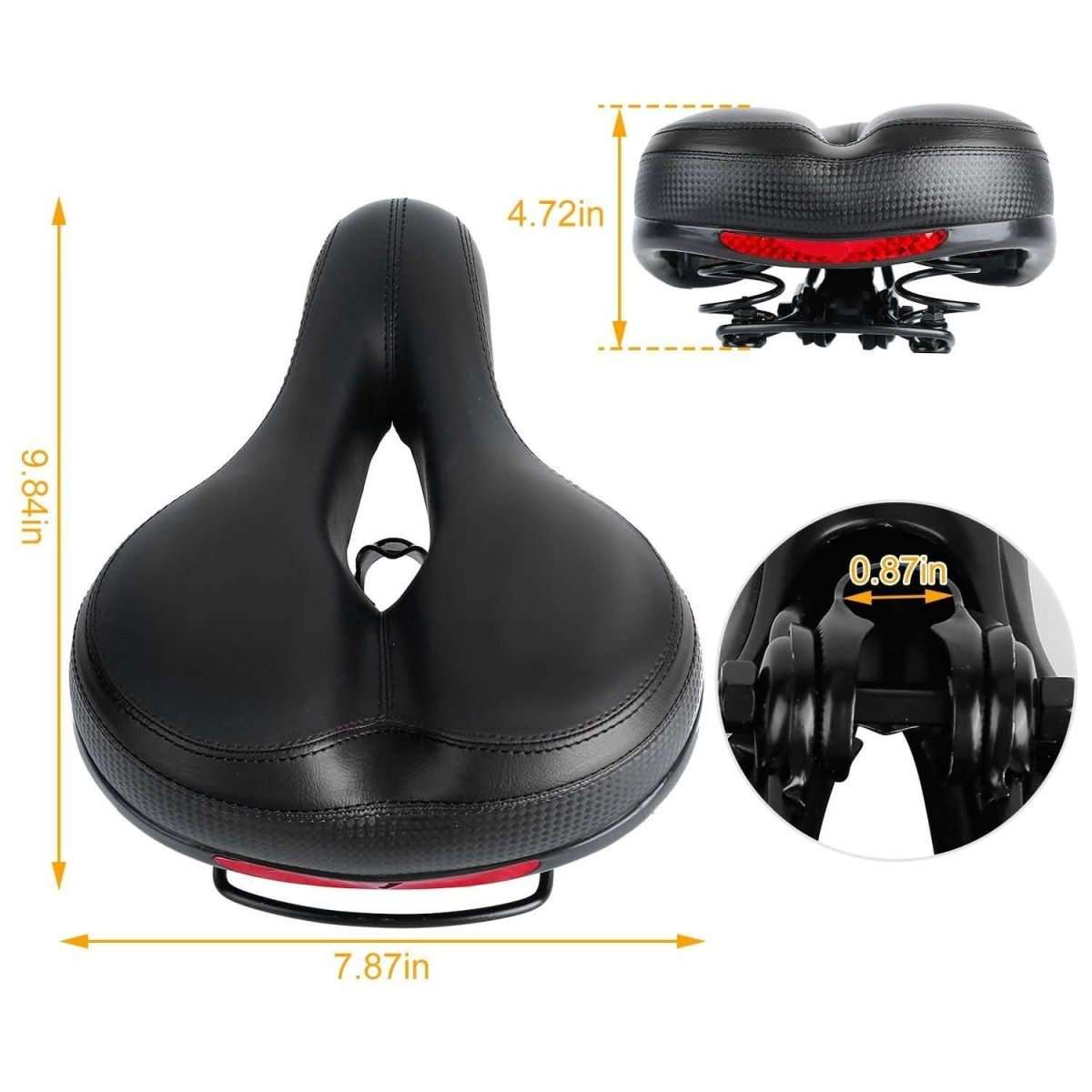 Black padded bike saddle with central hollow channel and dual-spring base, close-up