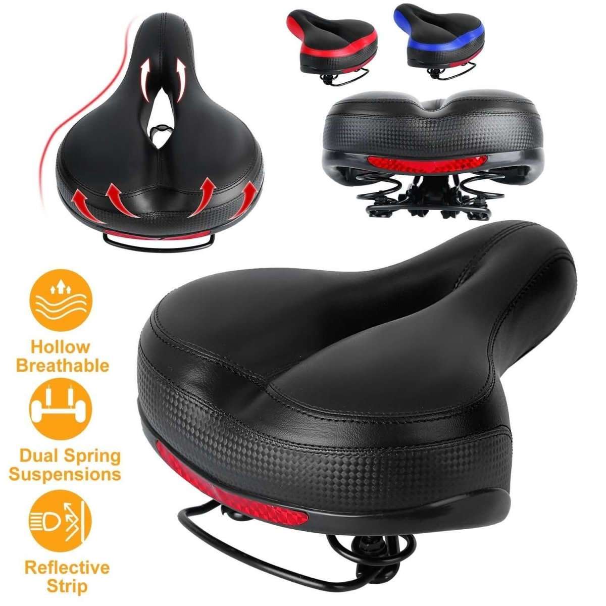 Black bicycle saddle with red accent trim, central hollow channel, dual spring suspension