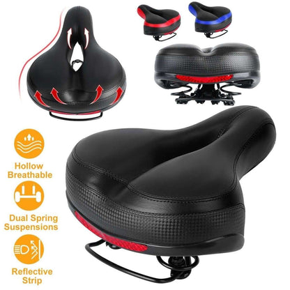 Black bicycle saddle with red accent trim, central hollow channel, dual spring suspension