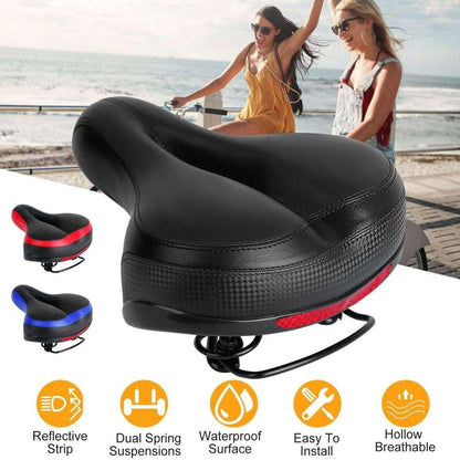 Black padded bicycle saddle with textured rear section and red reflective trim