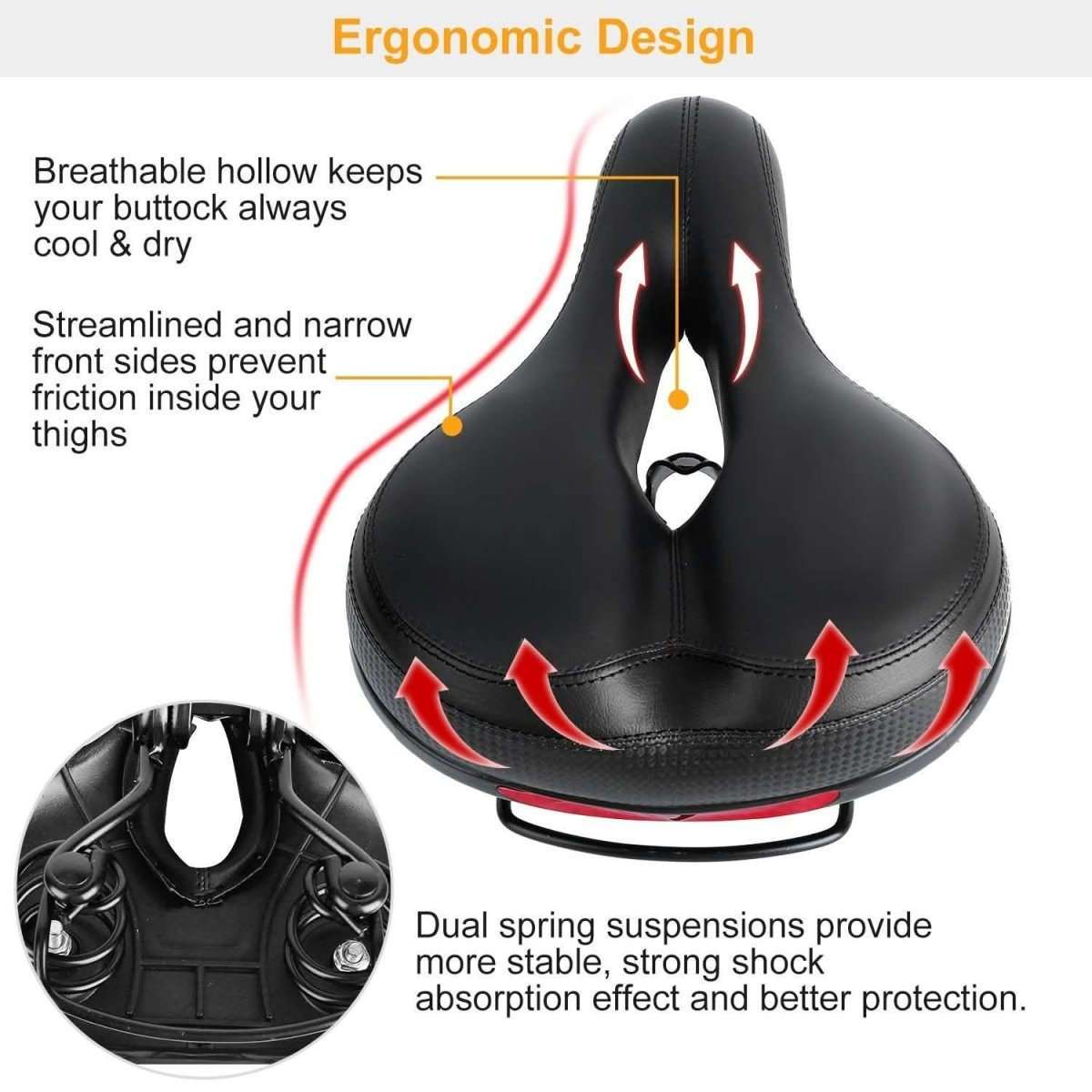 Black hollow bike saddle with contoured padded shape, central channel, dual spring suspension