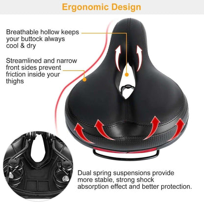 Black hollow bike saddle with contoured padded shape, central channel, dual spring suspension