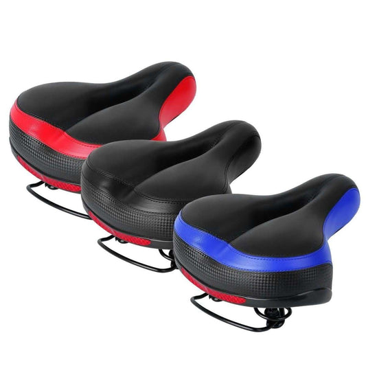 Bike padded saddle set, hollow black seats with red and blue accent trim, spring rails