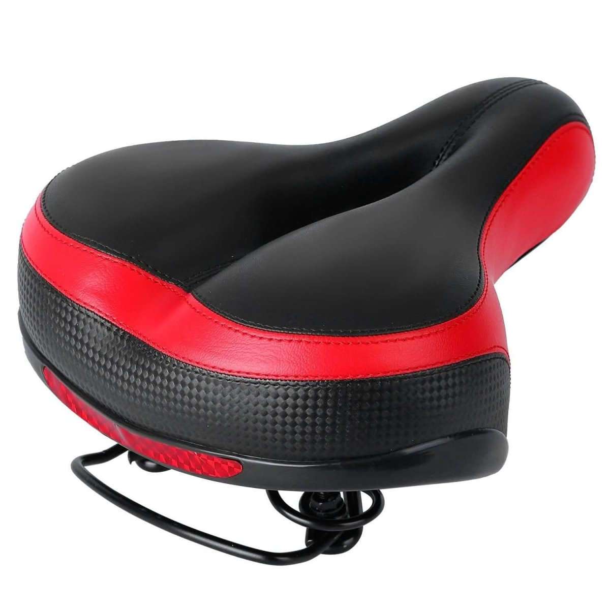 Black bicycle saddle with red side trim, padded hollow center, spring rail mounting