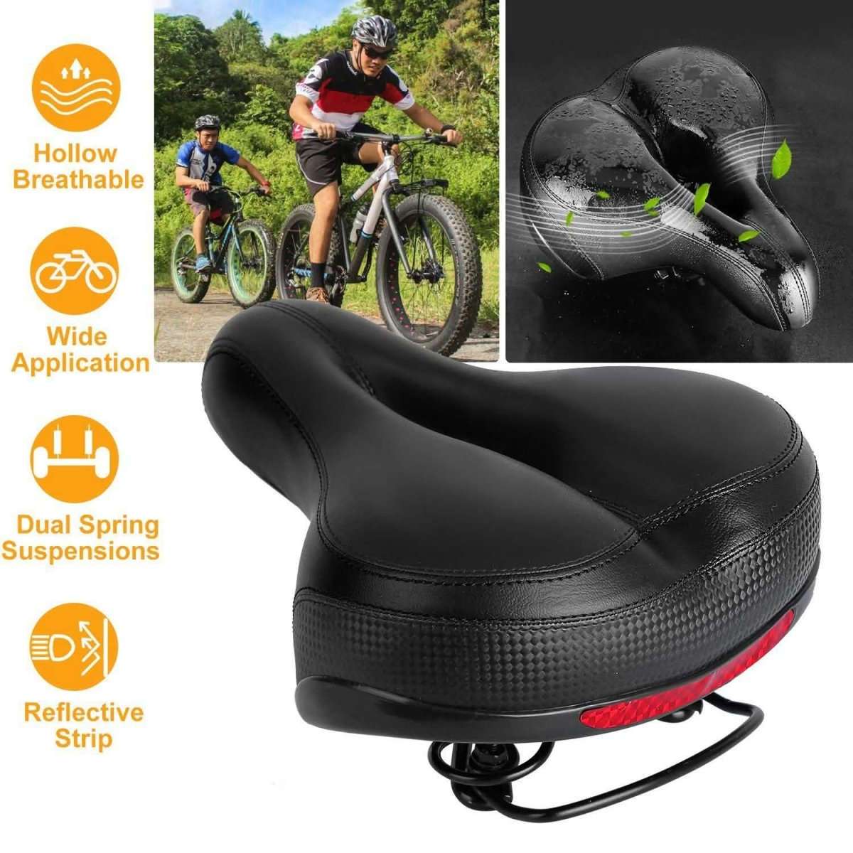 Black padded bicycle saddle with red accent band, central hollow channel, spring suspension