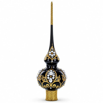 Black and Gold Filigree Design Glass Christmas Tree Topper 11 Inches Cartsfy Inc.