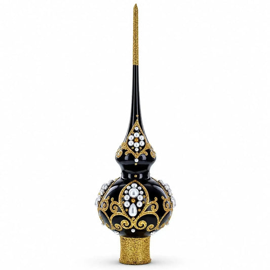 Black and Gold Filigree Design Glass Christmas Tree Topper 11 Inches Cartsfy Inc.