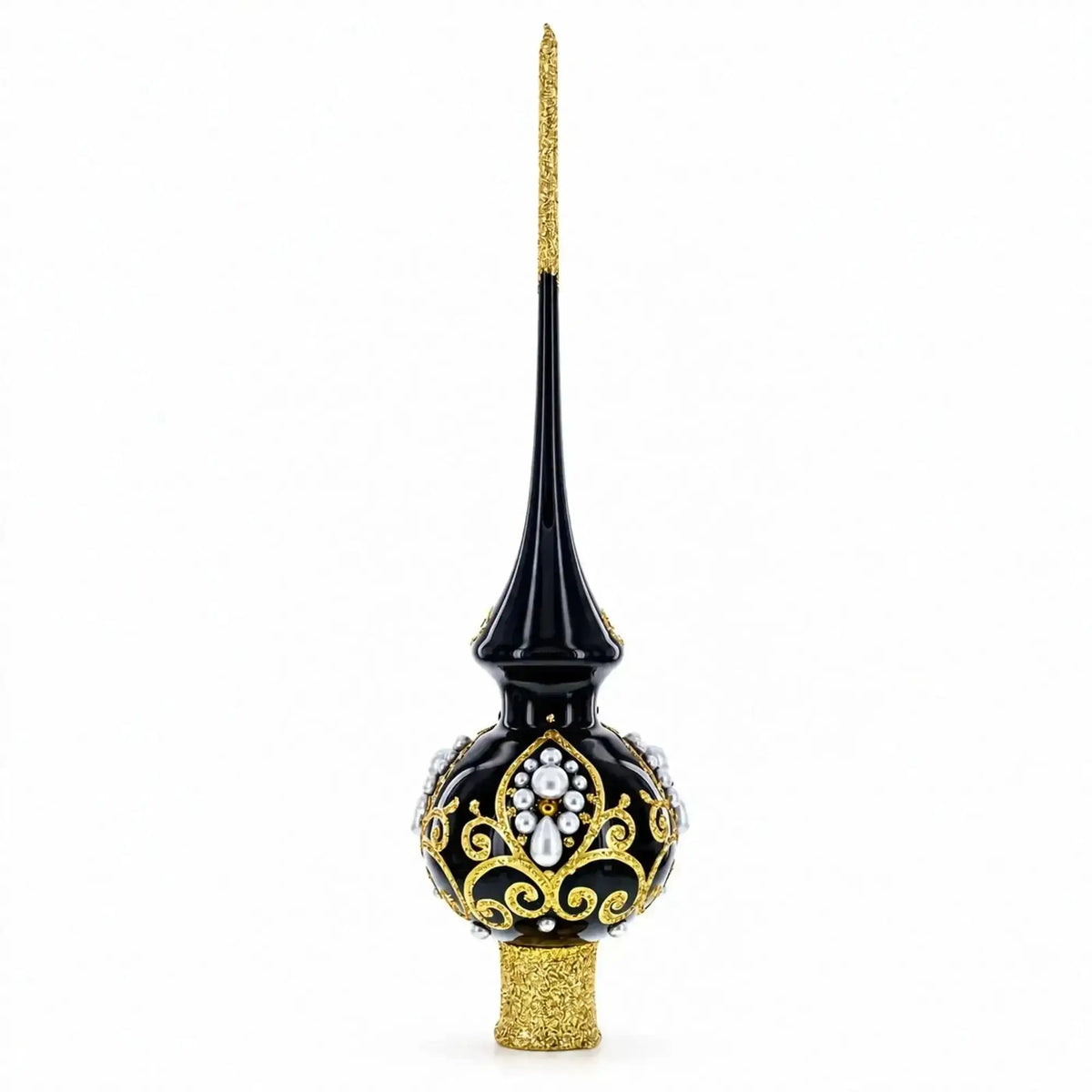 Black and Gold Filigree Design Glass Christmas Tree Topper 11 Inches Cartsfy Inc.