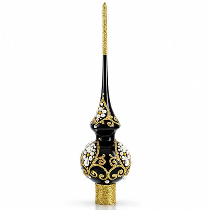 Black and Gold Filigree Design Glass Christmas Tree Topper 11 Inches Cartsfy Inc.
