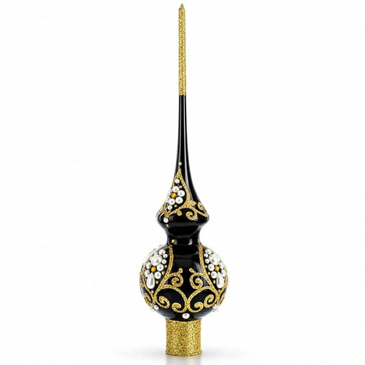 Black and Gold Filigree Design Glass Christmas Tree Topper 11 Inches Cartsfy Inc.