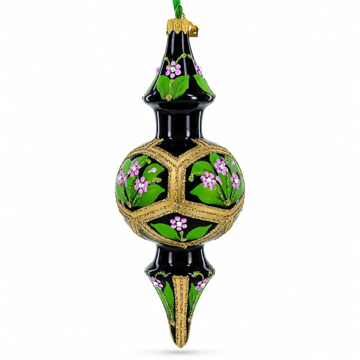 Black & Gold Floral Medallion Double-Ended Finial Drop Glass Christmas Ornament Cartsfy Inc.