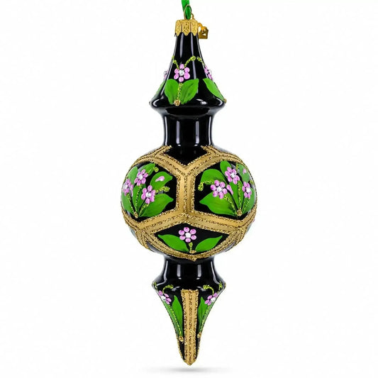 Black & Gold Floral Medallion Double-Ended Finial Drop Glass Christmas Ornament Cartsfy Inc.