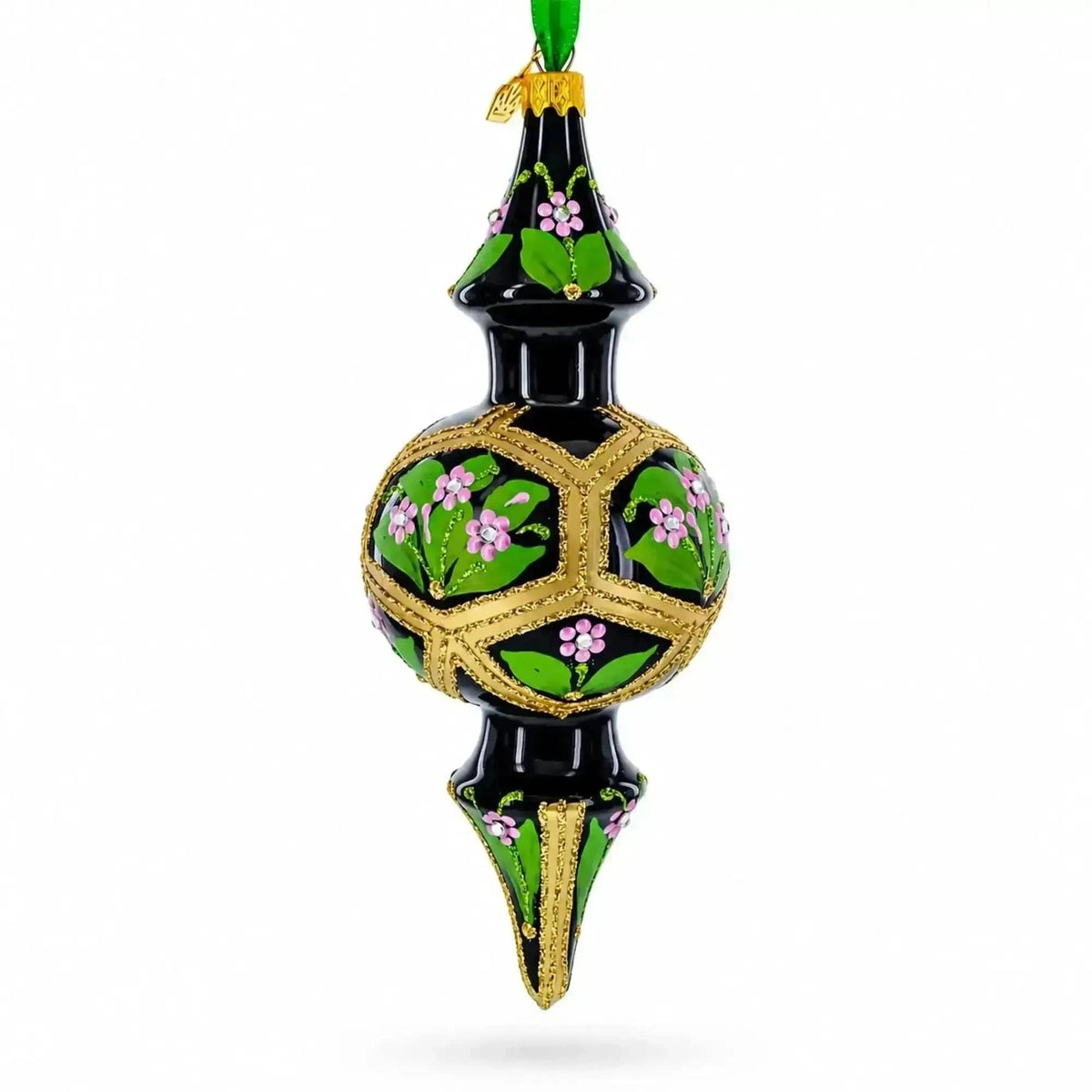 Black & Gold Floral Medallion Double-Ended Finial Drop Glass Christmas Ornament Cartsfy Inc.