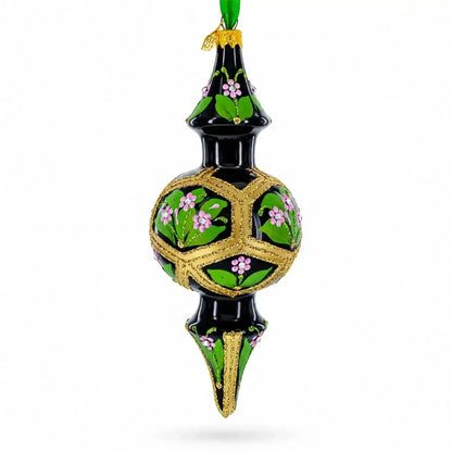 Black & Gold Floral Medallion Double-Ended Finial Drop Glass Christmas Ornament Cartsfy Inc.