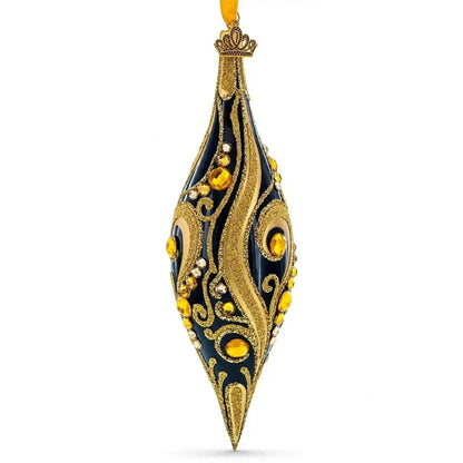 Black & Gold Jeweled Swirl Elongated Pointed Teardrop Finial Glass Christmas Ornament