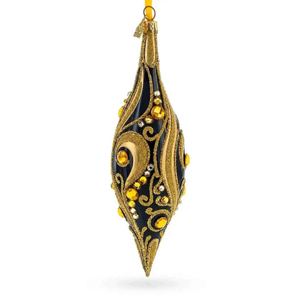 Black & Gold Jeweled Swirl Elongated Pointed Teardrop Finial Glass Christmas Ornament