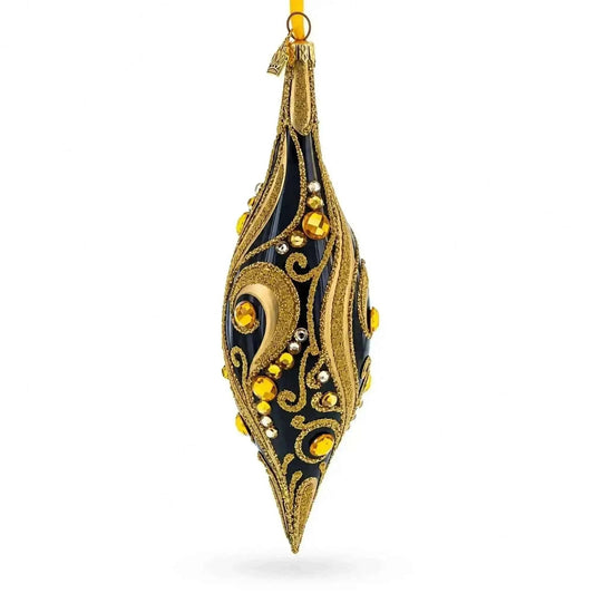 Black & Gold Jeweled Swirl Elongated Pointed Teardrop Finial Glass Christmas Ornament