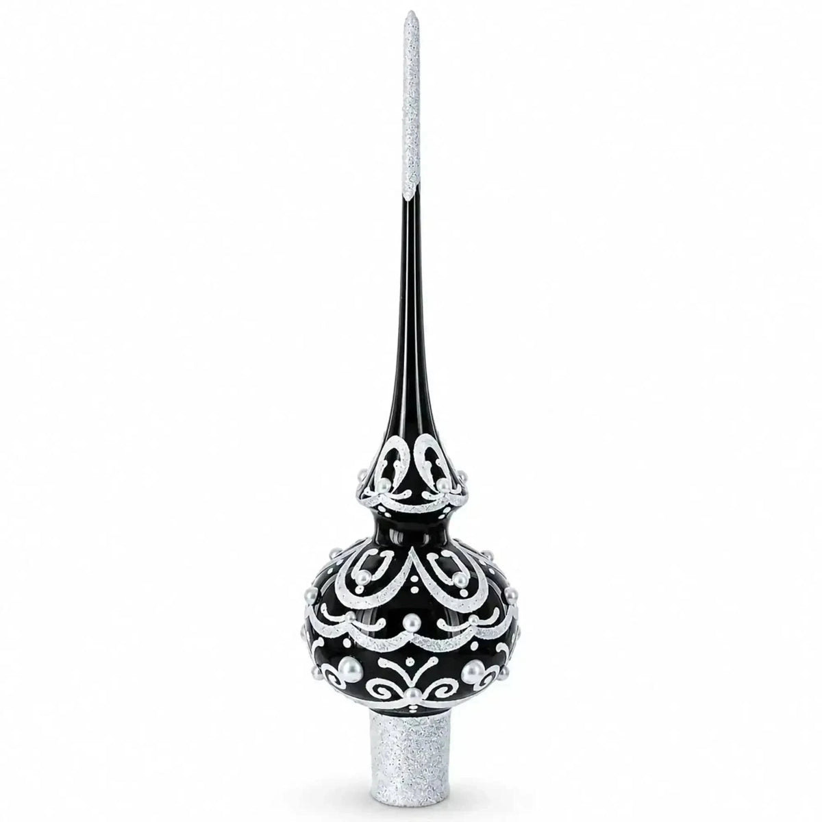 Black & White Scroll Pear Glass Christmas Tree Topper 11 Inches Cartsfy Inc.