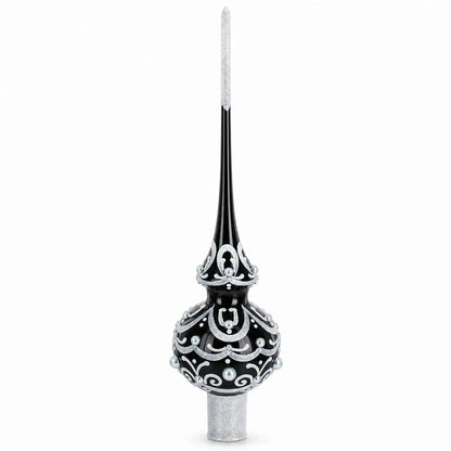 Black & White Scroll Pear Glass Christmas Tree Topper 11 Inches Cartsfy Inc.