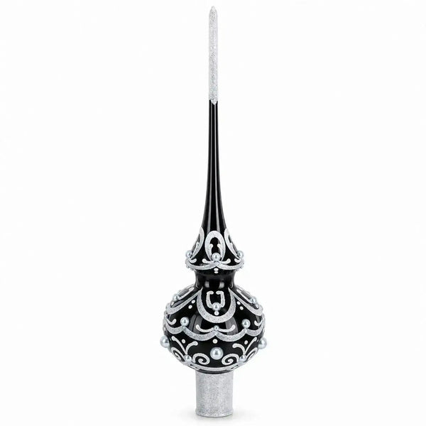 Black & White Scroll Pear Glass Christmas Tree Topper 11 Inches
