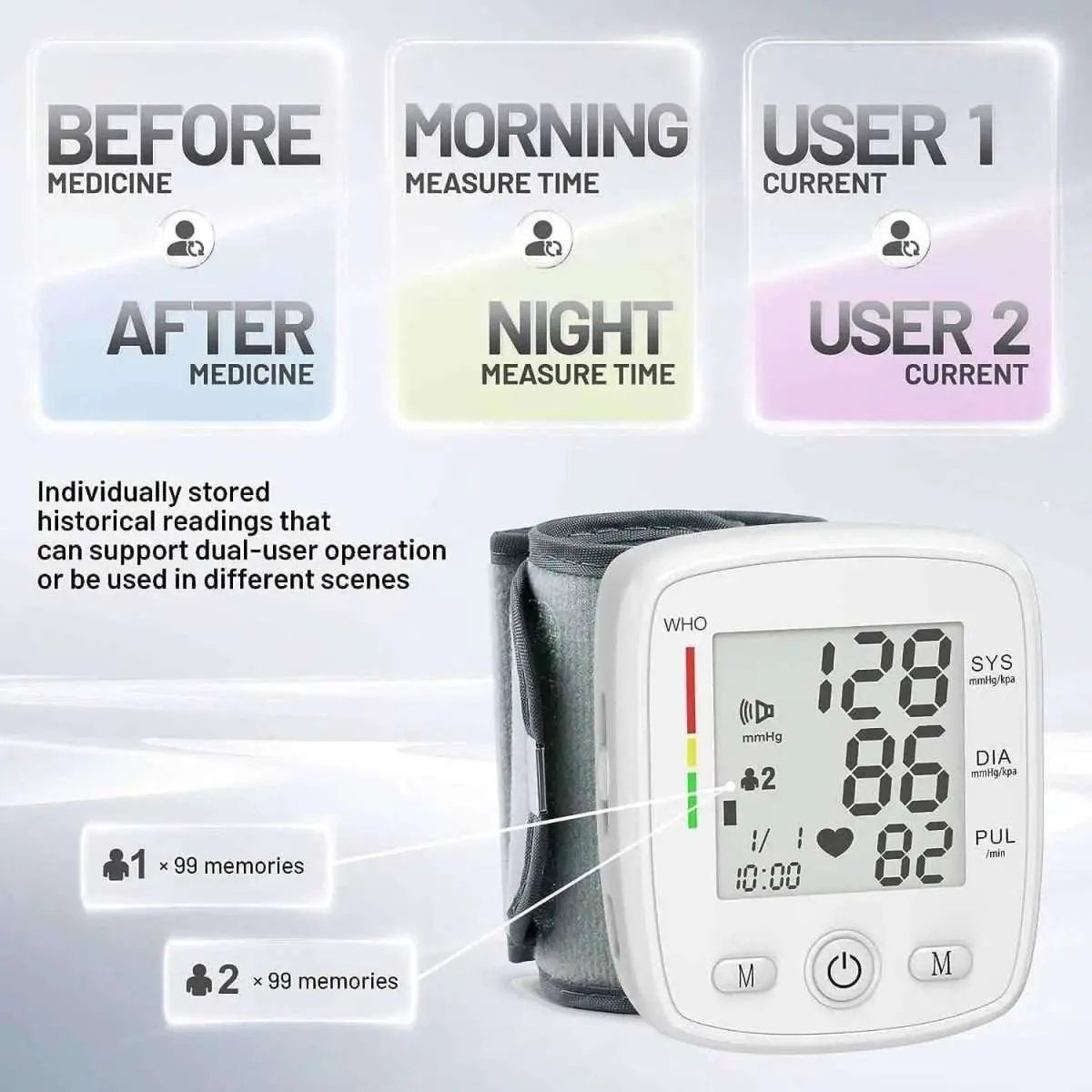 Blood Pressure Monitor Digital Wrist BP Machine Automatic BP Cuff with 2 Users 180 Memory Voice Large LCD Display DailySale Black White Black-White-