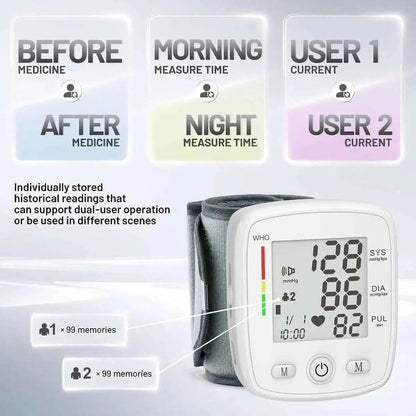 Blood Pressure Monitor Digital Wrist BP Machine Automatic BP Cuff with 2 Users 180 Memory Voice Large LCD Display DailySale Black White Black-White-