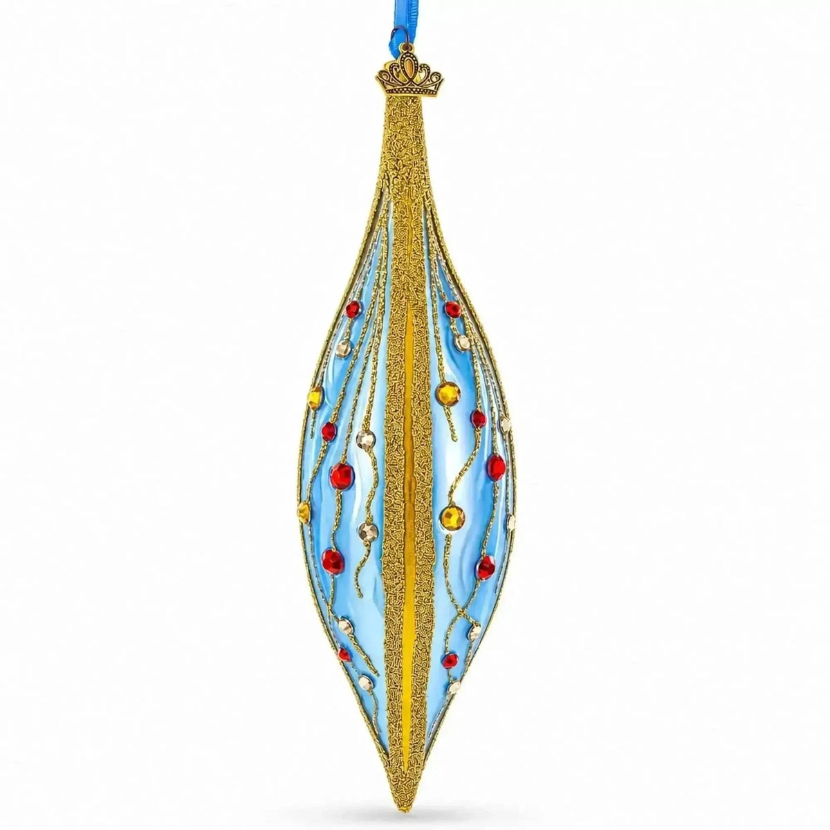Blue and Gold Jeweled Vine Elongated Pointed Teardrop Finial Glass Christmas Ornament Cartsfy Inc.
