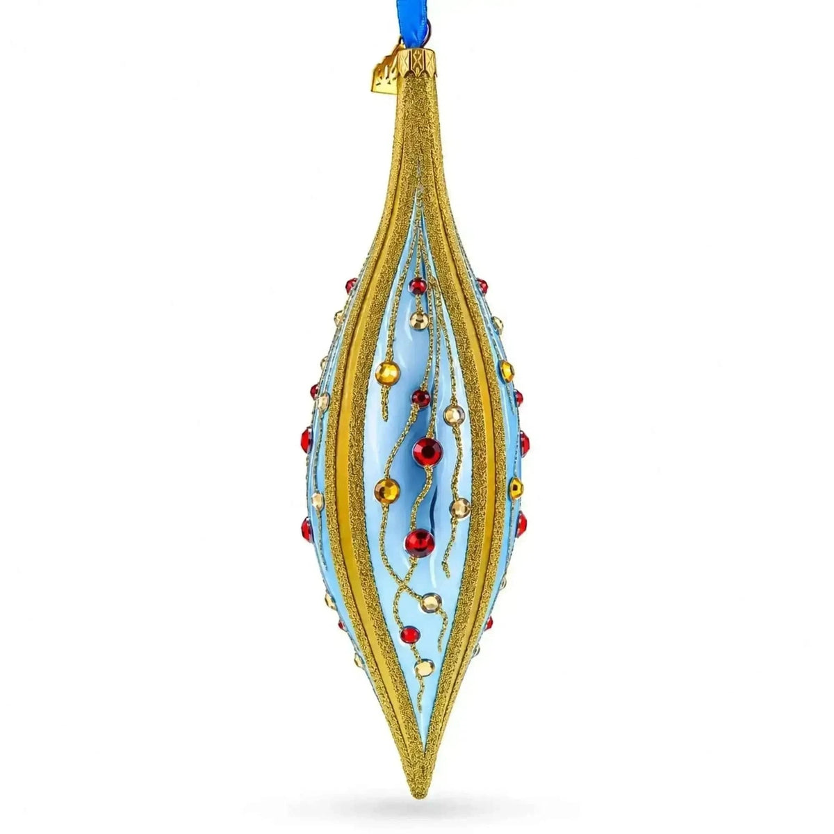 Blue and Gold Jeweled Vine Elongated Pointed Teardrop Finial Glass Christmas Ornament Cartsfy Inc.