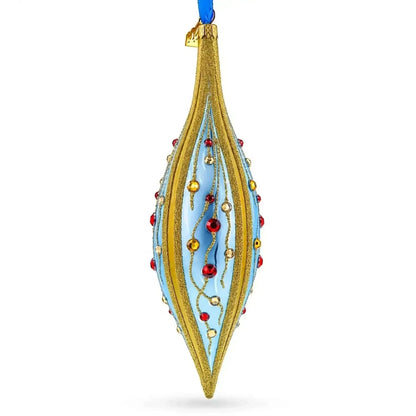 Blue and Gold Jeweled Vine Elongated Pointed Teardrop Finial Glass Christmas Ornament Cartsfy Inc.