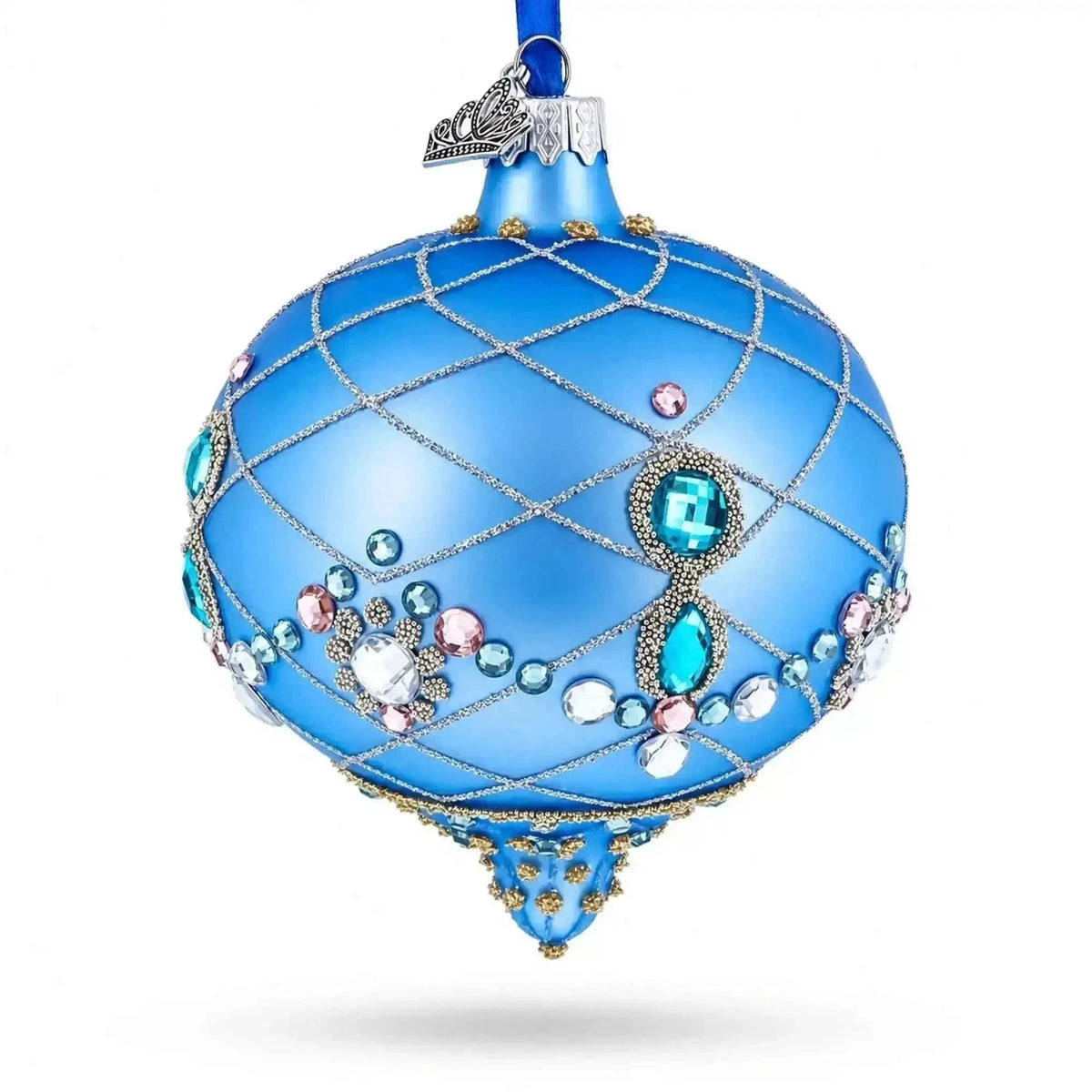 Blue Jeweled Lattice Diamond Onion-Shape Finial Glass Christmas Ornament Cartsfy Inc.