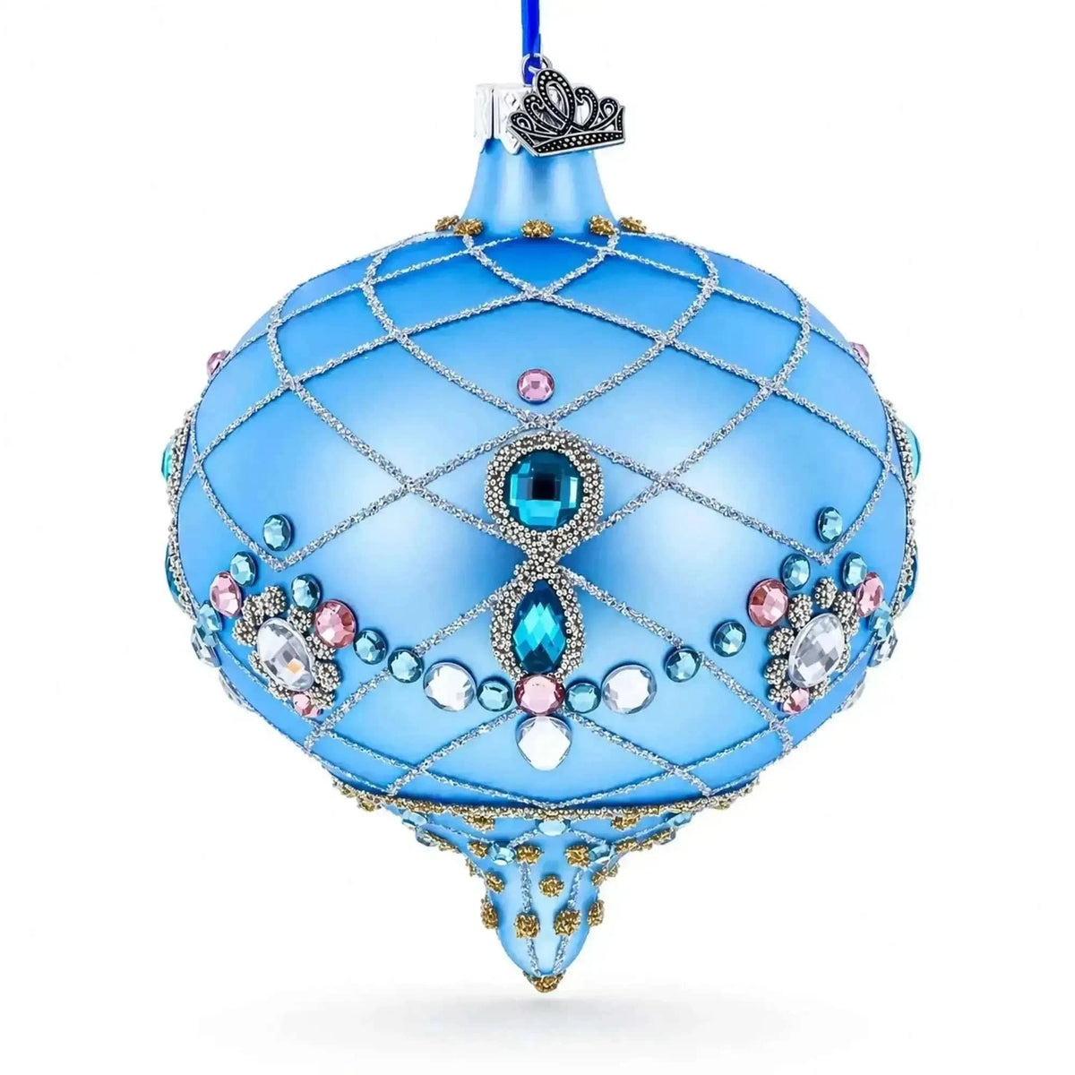 Blue Jeweled Lattice Diamond Onion-Shape Finial Glass Christmas Ornament Cartsfy Inc.
