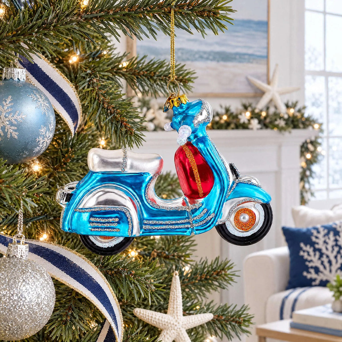 Blue Retro Scooter Glass Christmas Ornament Cartsfy Inc.